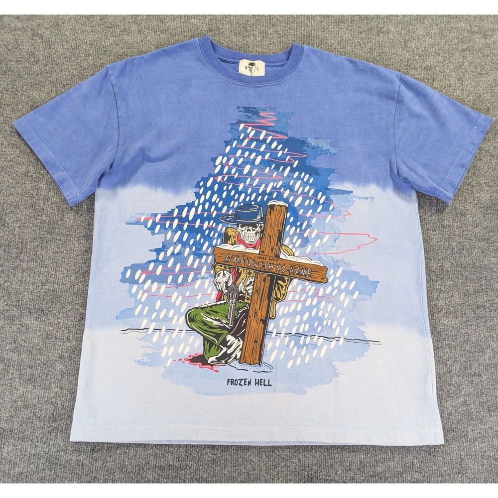 Warren Lotas Frozen Hell Ombre T-Shirt Blue White Skeleton Cowboy Mens L USA